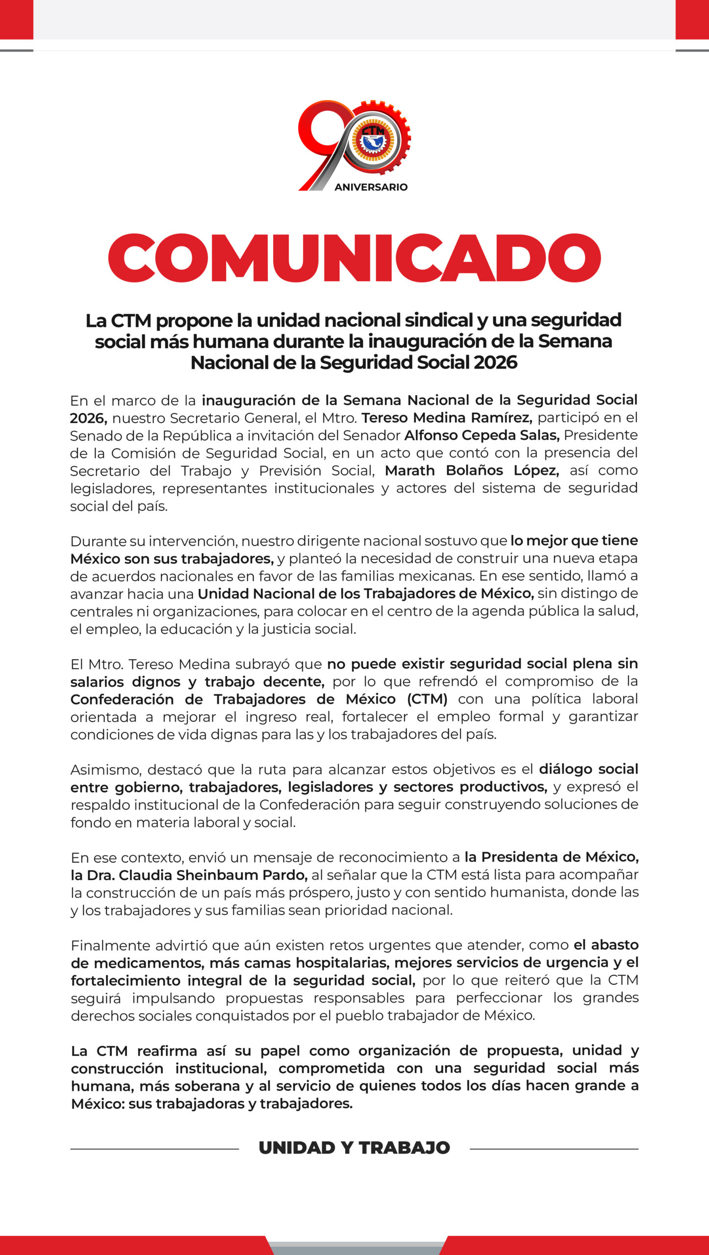 La CTM propone la unidad nacional sindical y una seguridad social más humana durante la inauguración de la Semana Nacional de la Seguridad Social 2026